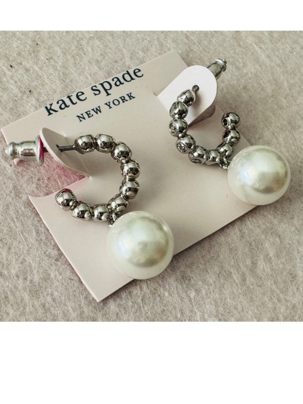 KATE SPADE Silver Tone Modern Pearl Drop Huggies Pierced Earrings NEW 1/2” Hoops